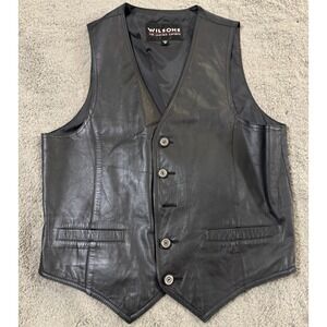 Wilsons Leather Vest Mens M Black Moto Button Mid Layer Made in Korea Vintage
